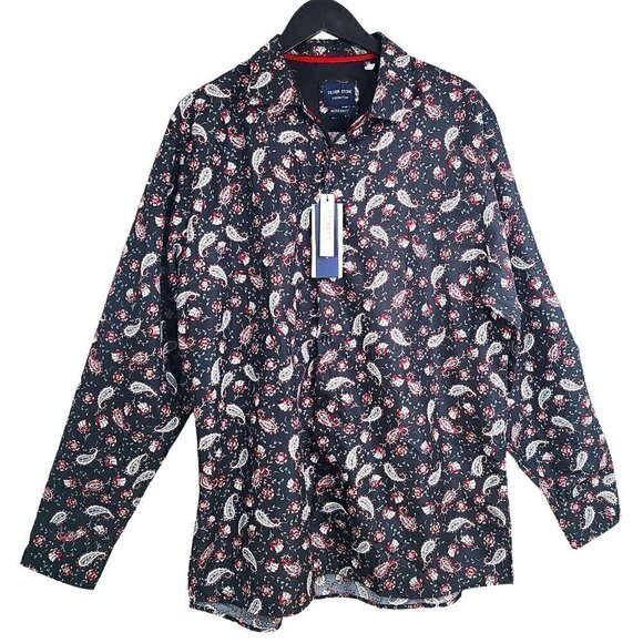 NWT SILVER STONE COLLECTION Mens Black & Red Paisley Button up Shirt Modern Fit - Picture 1 of 8